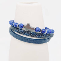 Cross Natural Stone Beaded Men's Leather Bracelet - MJ/BC