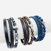 Cross Natural Stone Beaded Men's Leather Bracelet - MJ/BC