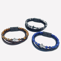 Cross Natural Stone Beaded Men's Leather Bracelet - MJ/BC