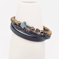 Cross Natural Stone Beaded Men's Leather Bracelet - MJ/BC