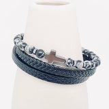 Cross Natural Stone Beaded Men's Leather Bracelet - MJ/BC